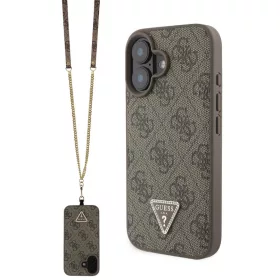   Guess Apple iPhone 16 PU 4G Strass Triangle Metal Logo hátlapvédő tok vállpántottal, barna (GUHCP16SP4TDSCPW)