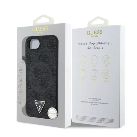 Guess Apple iPhone 16e / 17e (6.1) PU 4G Strass Triangle Metal Logo Magsafe hátlapvédő tok fekete (GUHMPSE4P4TDPK)