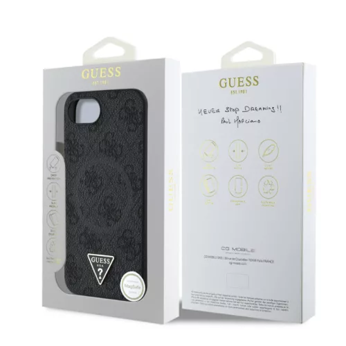 Guess Apple iPhone 16e (6.1) PU 4G Strass Triangle Metal Logo Magsafe hátlapvédő tok fekete (GUHMPSE4P4TDPK)