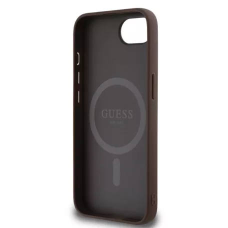 Guess Apple iPhone 16e / 17e (6.1) PU 4G Strass Triangle Metal Logo Magsafe hátlapvédő tok barna (GUHMPSE4P4TDPW)