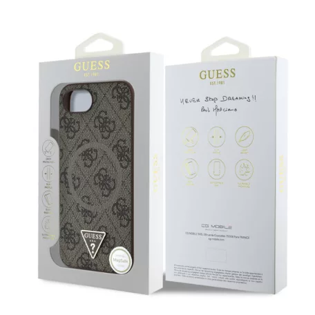 Guess Apple iPhone 16e / 17e (6.1) PU 4G Strass Triangle Metal Logo Magsafe hátlapvédő tok barna (GUHMPSE4P4TDPW)