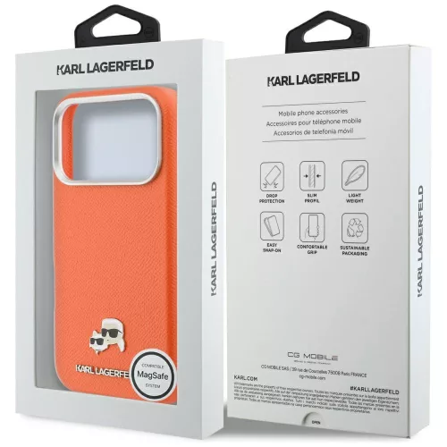 Karl Lagerfeld PU Saffiano Karl and Choupette Head MagSafe Apple iPhone 17 Pro Max hátlapvédő tok narancssárga (KLHMP17X6PFKCLO)