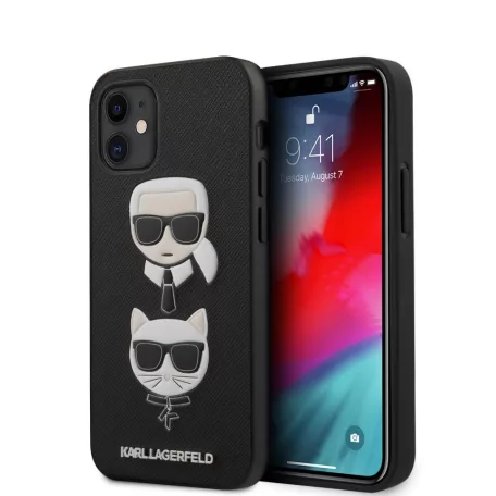 Karl Lagerfeld and Choupette Apple iPhone 12 Mini 2020 (5.4) Saffiano K&C Heads hátlapvédő tok fekete (KLHCP12SSAKICKCBK)