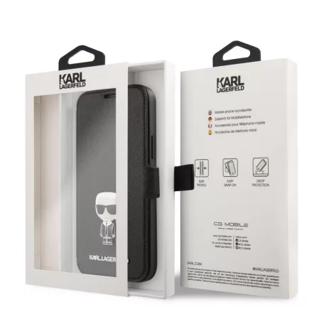 Karl Lagerfeld Apple iPhone 12 / 12 Pro 2020 (6.1) Saffiano Iconic oldalra nyíló könyv tok fekete (KLFLBKP12MIKMSBK)