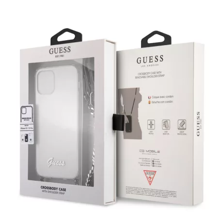 Guess Apple iPhone 12 / 12 Pro 2020 (6.1) PC Silver 4G Chain and Script hátlapvédő tok átlátszó (GUHCP12MKC4GSSI)