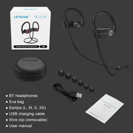 Letscom U8I Bluetooth 5.0 sztereó sport fekete-piros headset prémium tokkal