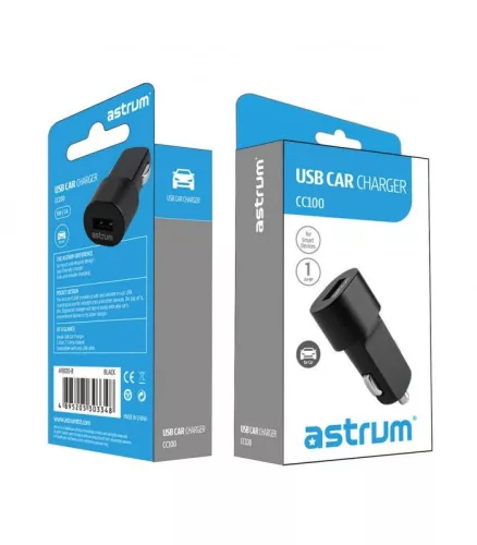 Astrum CC100 fekete - ezüst autós szivar töltő 1.0A 1xUSB A93010-S 5W