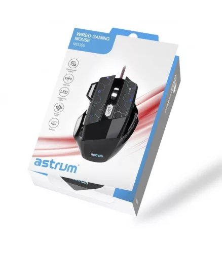 Astrum MG300 7D 4800DPI vezetékes gumírozott fekete gamer optikai egér, programozható gombokkal, többszínű LED világítással