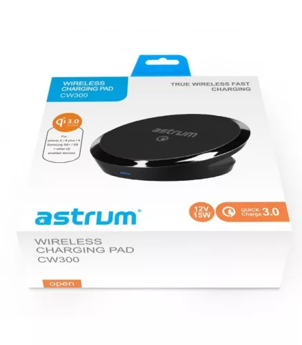 Astrum CW300 univerzális QuickCharge vezeték nélküli QI 3.0 gyorstöltő 5V/2A, 9V/1,8A, 12V/1,5A fekete 18W