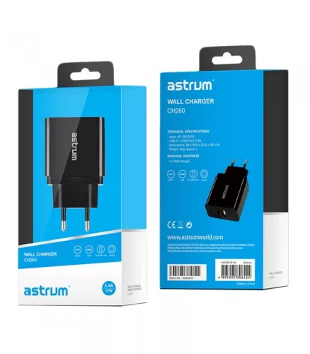 Astrum CH260 fekete hálózati töltőfej 1X USB-C, 1X USB, 2,4A total output, Smart IC 12W