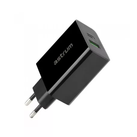 Astrum CH450 fekete hálózati töltőfej 1X USB-C 24W, 1X USB QC 3.0 (Quick Charge) 18W