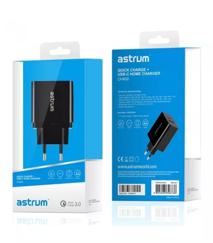 Astrum CH450 fekete hálózati töltőfej 1X USB-C 24W, 1X USB QC 3.0 (Quick Charge) 18W
