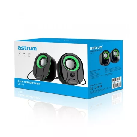 Astrum SU115 fekete-zöld 2.0 csatornás 3,5MM multimédia hangszóró USB-s áramellátással, hangerőszabályozóval, prémium hangzással 2 X 3W