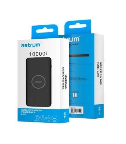 Astrum PB310 QI 5V/1A külső akkumulátor vezeték nélküli töltéssel, 10000mAh USB, Type-C, 2X smart IC, 2A input, 2A output, LI-polymer 10W