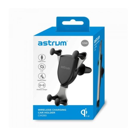 Astrum CW260 univerzális gravity autós tartó vezeték nélküli töltéssel szellőzőre, QI V1.2, 5V-1A / 9V-1.1A 10W