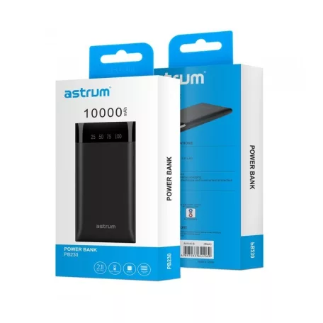 Astrum PB230 fekete Power Bank 10000MAH LED kijelzővel, 2A input, 2,1A/1A outputm Li-Polymer akkucellákkal új verzió 10W