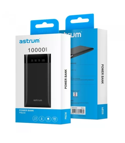 Astrum PB230 fekete Power Bank 10000MAH LED kijelzővel, 2A input, 2,1A/1A outputm Li-Polymer akkucellákkal új verzió 10W