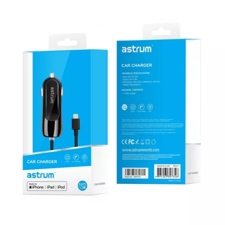 Astrum CC390 iPhone/iPad lightning 8 pin MFI engedélyes autós töltő spirál kábellel 2,4A fehér 12W