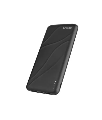 Astrum PB220 10000mAh 3D slim fekete gyorstöltő PD power bank 18W, 2X QC 3.0 USB-A, 1XUSB-C, li-polymer cellákkal, LED indikátorral