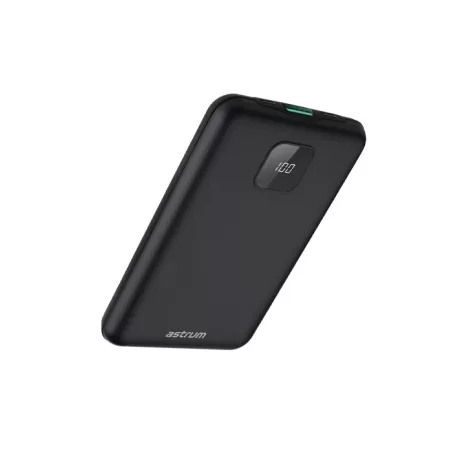 Astrum PB450 10000mAh fekete fémházas gyorstöltő PD power bank 22,5W, 1X QC 3.0 USB-A, USB-C, li-polymer cellákkal, LCD