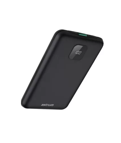 Astrum PB450 10000mAh fekete fémházas gyorstöltő PD power bank 22,5W, 1X QC 3.0 USB-A, USB-C, li-polymer cellákkal, LCD