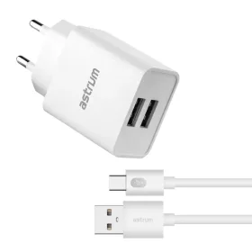   Astrum Pro Dual U24 hálózati töltő 2X USB, 10W, Type-C adatkábellel, fehér