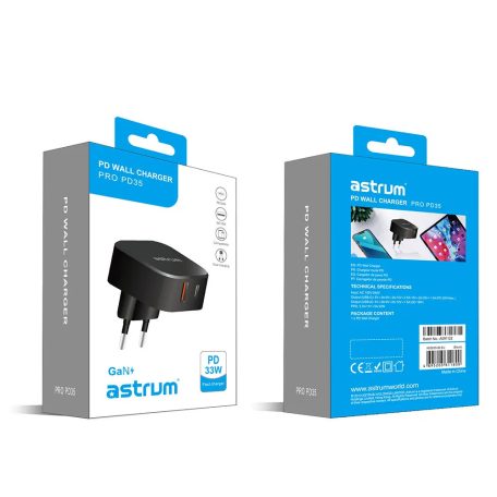Astrum PRO PD35 hálózati gyorstöltő 1X USB (18W), 1X Type-C (30W) csatlakozóval fekete