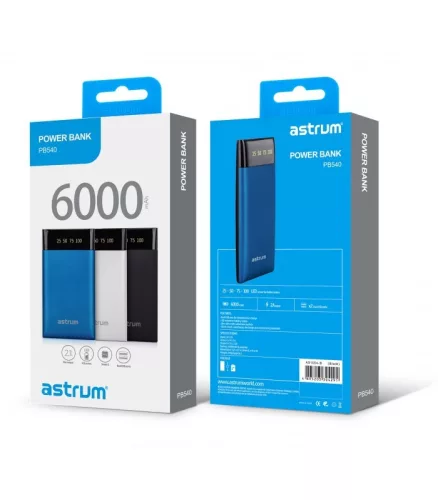 Astrum PB540 fekete Power Bank 6000MAH LED kijelzővel, 2A input, 2,1A/1A outputm Li-Polymer akkucellákkal új verzió 10W