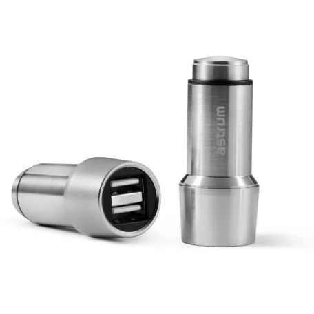 Astrum CC420 prémium fémházas szivar töltő 2,4A, 2X USB, ezüst, micro USB adatkábellel 12W