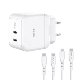   Bliszteres QDOS POWERCUBE TRIO 45W GaN fehér hálózati töltő USB Type-C és Lightning adatkábellel (MFI tanúsítvánnyal) 3A