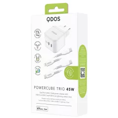   Bliszteres QDOS POWERCUBE TRIO 45W GaN fehér hálózati töltő USB Type-C és Lightning adatkábellel (MFI tanúsítvánnyal) 3A