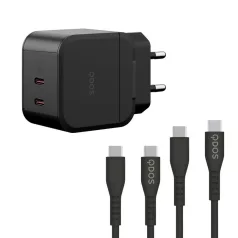   Bliszteres QDOS POWERCUBE TRIO 45W GaN fekete hálózati töltő 2db USB Type-C adatkábellel 3A