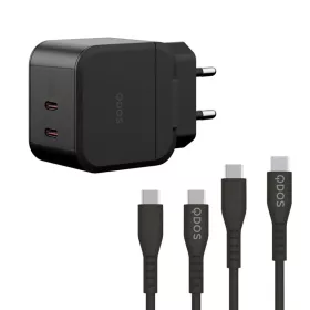   Bliszteres QDOS POWERCUBE TRIO 45W GaN fekete hálózati töltő 2db USB Type-C adatkábellel 3A