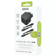   Bliszteres QDOS POWERCUBE TRIO 45W GaN fekete hálózati töltő 2db USB Type-C adatkábellel 3A