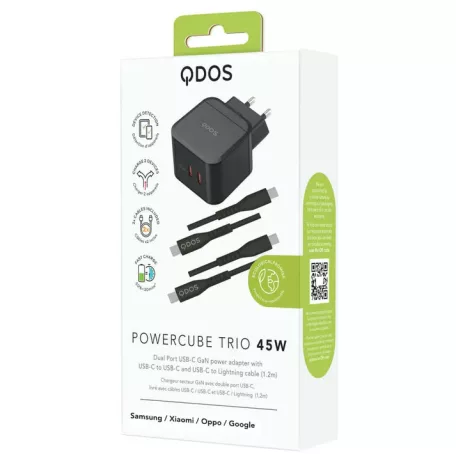 Bliszteres QDOS POWERCUBE TRIO 45W GaN fekete hálózati töltő 2db USB Type-C adatkábellel 3A