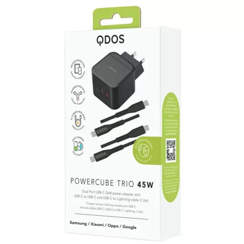 Bliszteres QDOS POWERCUBE TRIO 45W GaN fekete hálózati töltő 2db USB Type-C adatkábellel 3A