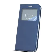   Smart Look Huawei Y6 (2018) oldalra nyíló bőrhatású ablakos könyv tok szilikon belsővel sötétkék