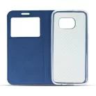 Smart Look Huawei Y6 (2018) oldalra nyíló bőrhatású ablakos könyv tok szilikon belsővel sötétkék