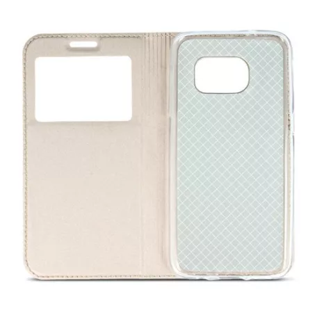 Smart Look Samsung J605 Galaxy J6 Plus oldalra nyíló bőrhatású ablakos könyv tok szilikon belsővel arany