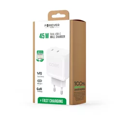   Forever Core Smart PD hálózati töltőfej 2x Type-C foglalattal fehér 45W