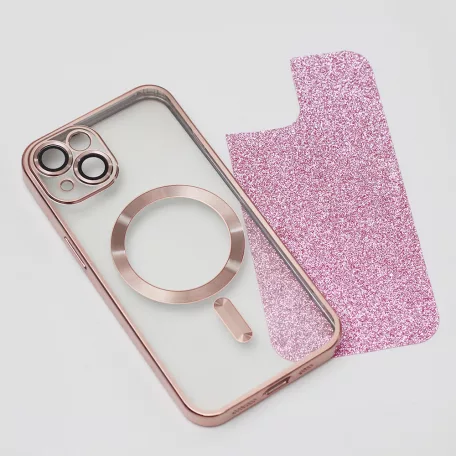 Glitter Chrome Mag - Apple iPhone 14 (6.1) kameravédős, MagSafe tok pink