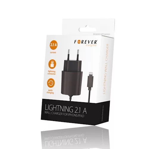 Forever Apple iPhone 8pin Lightning hálózati töltő 2.1A 1,2M kábellel EU fekete 10W