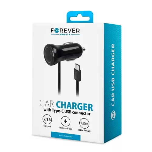 Forever M-01 szivargyújtó töltő 1.2m Type-C kábellel (2.1A) 10W