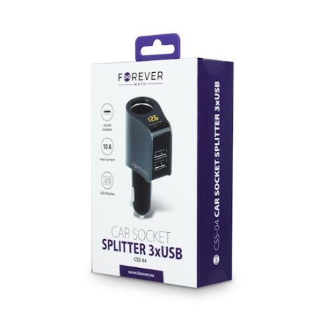 Forever CSS-04 szivargyújtó töltő 3x USB foglalattal LCD kijelzővel (Max 3x3.1A) Smart IC-vel 15W