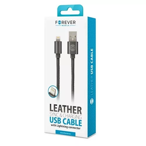 Forever Apple USB - Lightning (8Pin) fekete bőrbevonatos adatkábel 2A 1m
