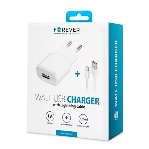 Forever TC-01 hálózati töltőfej 1A Apple iPhone 8Pin lightning adatkábellel fehér 1,2m 5W