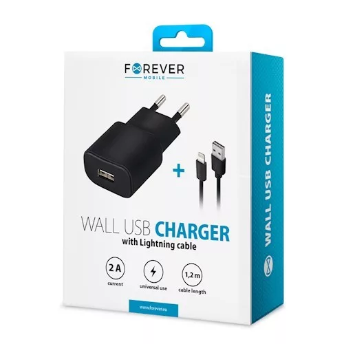 Forever TC-01 hálózati töltőfej 1A Apple iPhone 8Pin lightning adatkábellel fekete 1,2m 10W