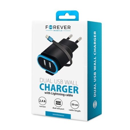 Forever TC-02 Apple iPhone 8pin Lightning hálózati töltő 2.4A + 2x USB foglalattal 0,2M kábellel EU fekete 12W