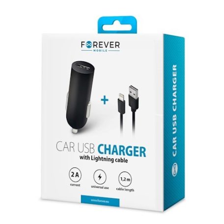 Forever M02 szivargyújtó töltő 1x USB csatlakozóval és Lightning kábellel, (Max 2A, 1,2m) 10W