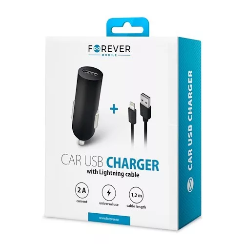 Forever M02 szivargyújtó töltő 1x USB csatlakozóval és Lightning kábellel, (Max 2A, 1,2m) 10W